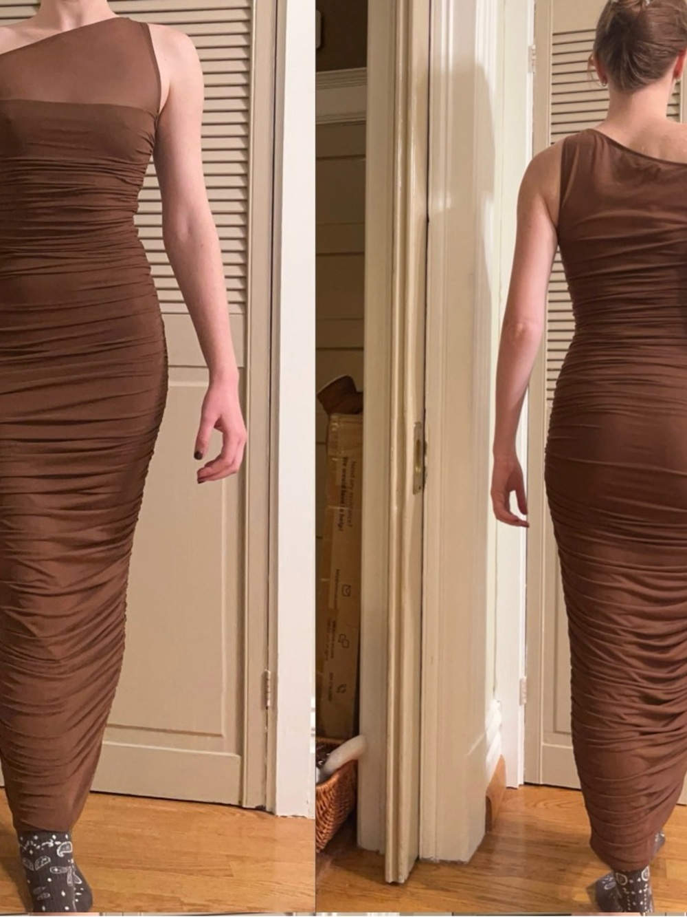 AFRM One-Shoulder Ruched Maxi Dress in Brown - Picture 4 of 7